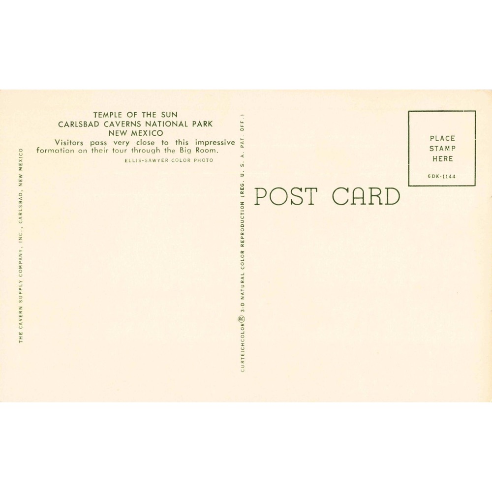 Vintage Carlsbad Caverns New Mexico Temple of the Sun Postcard 6DK-1144 - Picture 2 of 2